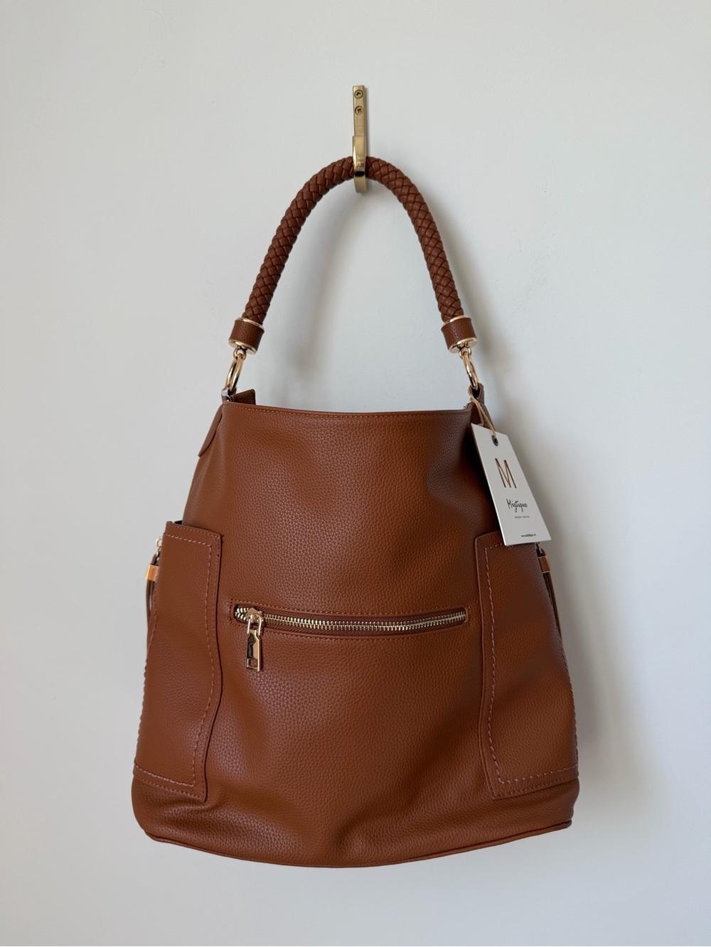Cognac leather Braided Handle tote bag with Gold Hardware